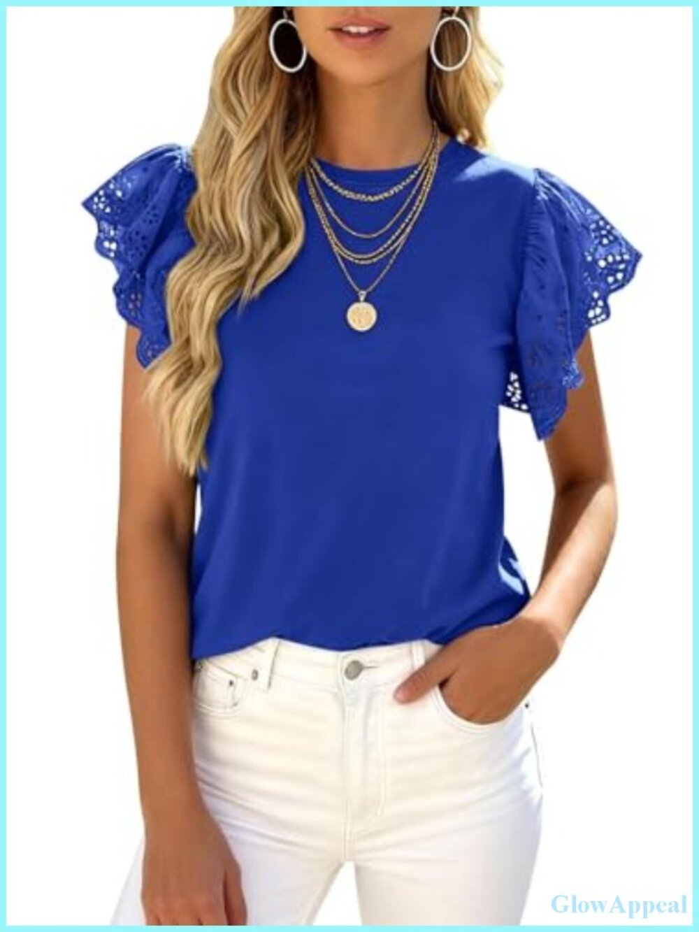 Womens Hollow Out Lace Ruffle Sleeve Crewneck T-Shirt Summer Casual Top